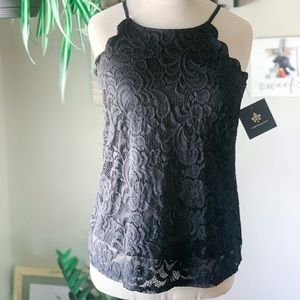 Fortune + Ivy Black Lace Tank/Blouse - Lace Overlay - Women’s Black Lace Blouse